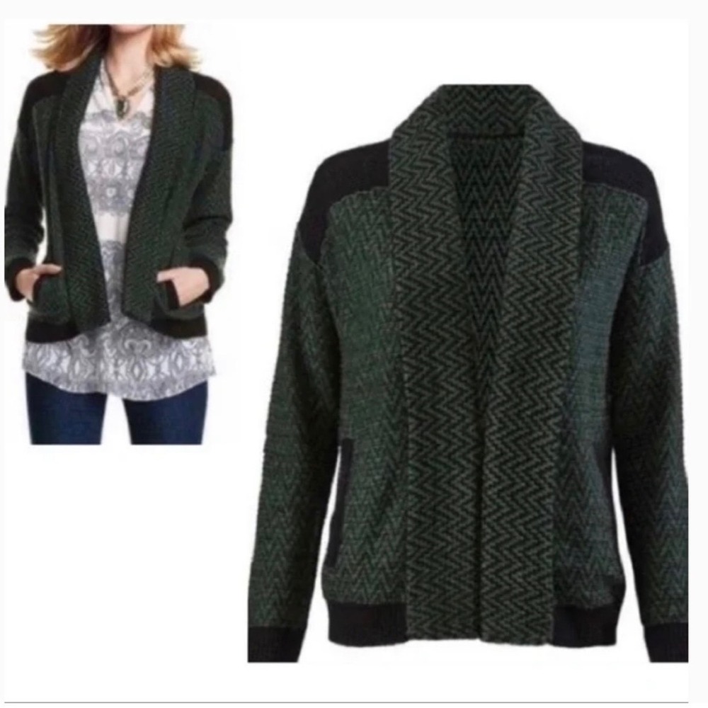 Cabi‎ Herringbone Shawl Collar Cozy Normcore Sweater Green Black Sz Small